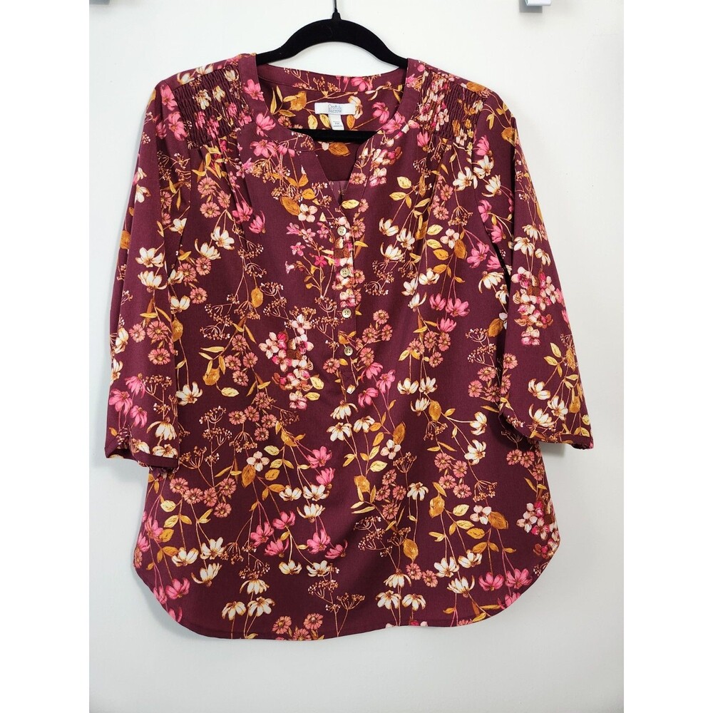 Croft & Barrow Womens Sz PM Burgundy Floral Tunic Top Blouse 3/4 Sleeve Everyday